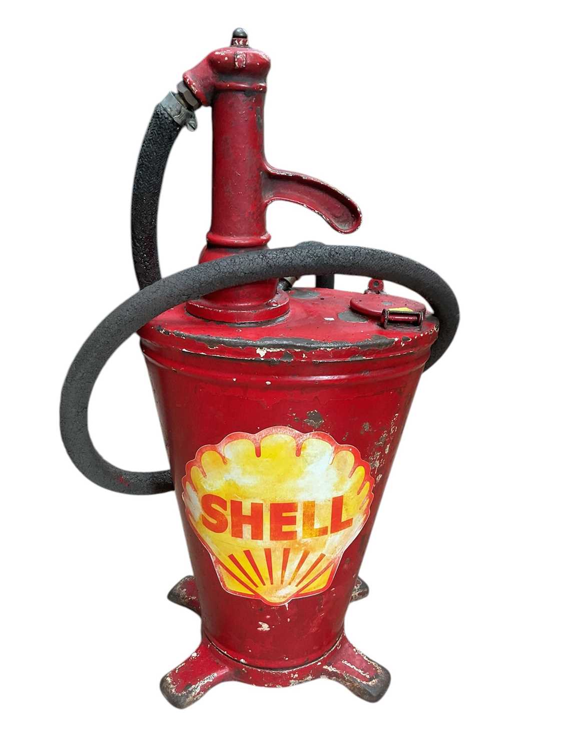 Lot 33 - Vintage red painted gear oil dispenser with Shell branding.