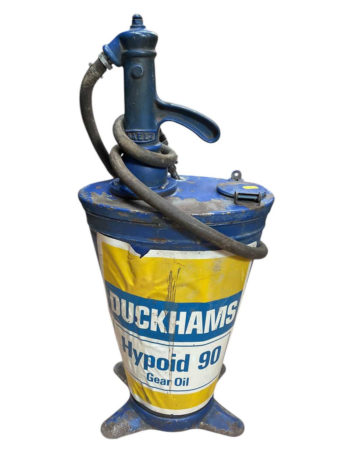 Lot 39 - Vintage blue painted gear oil dispenser with Duckhams branding.