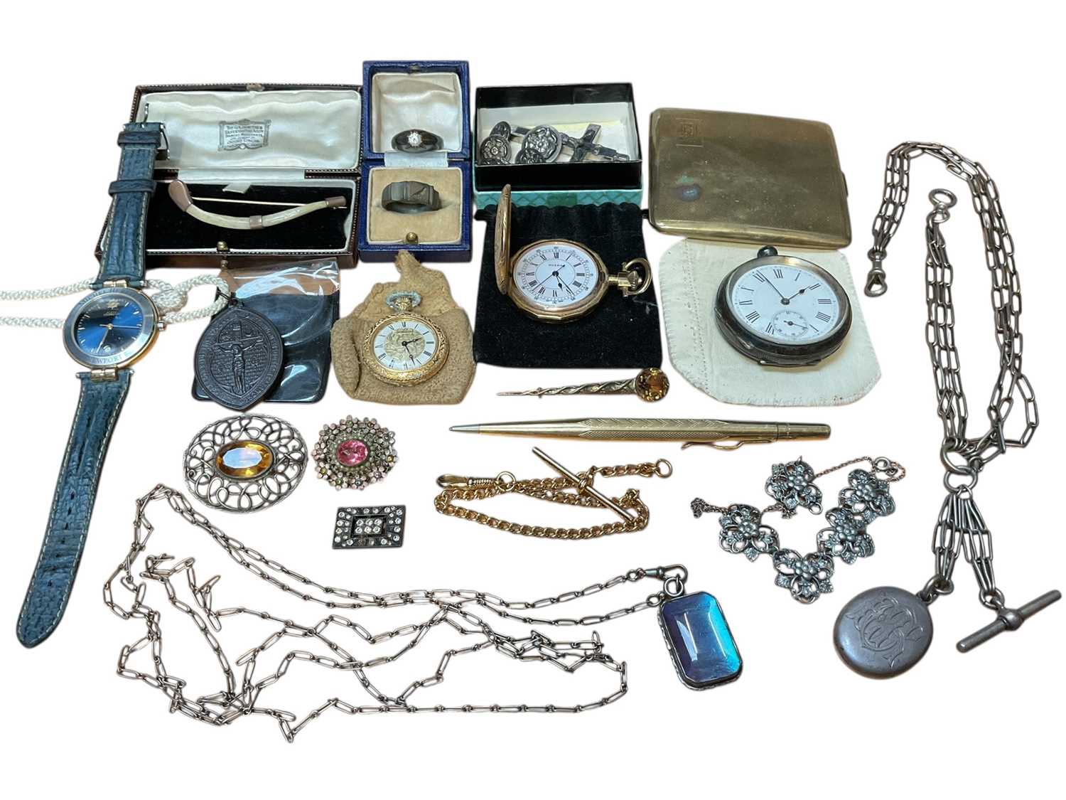 Lot 69 - Victorian white metal triple watch chain with engraved locket pendant, long white metal guard chain with a butterfly wing pendant, silver pocket watch, other watches, costume jewellery