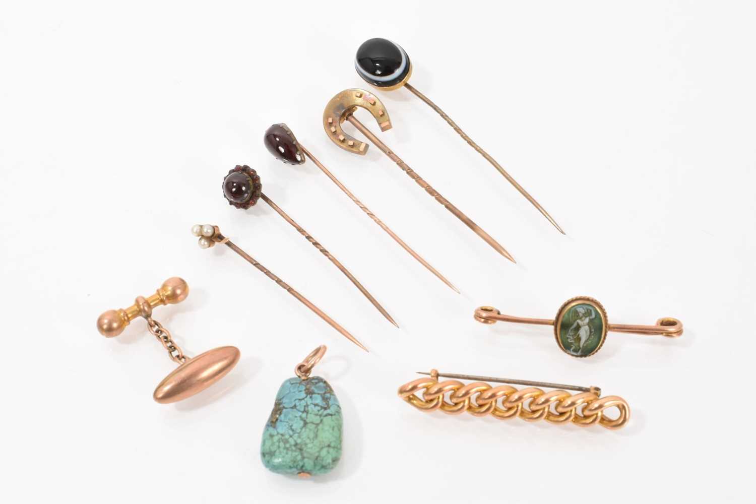 Lot 455 - Group of five antique stick pins, together with a 9ct gold cameo bar brooch, yellow metal chain link bar brooch, one 9ct gold cufflink and a turquoise pendant