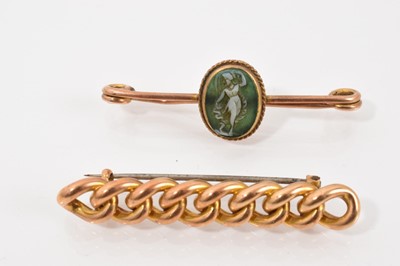 Lot 455 - Group of five antique stick pins, together with a 9ct gold cameo bar brooch, yellow metal chain link bar brooch, one 9ct gold cufflink and a turquoise pendant