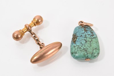 Lot 455 - Group of five antique stick pins, together with a 9ct gold cameo bar brooch, yellow metal chain link bar brooch, one 9ct gold cufflink and a turquoise pendant