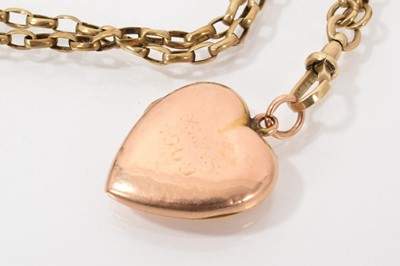 Lot 467 - Victorian yellow metal guard chain with gold heart shaped locket engraved 'Xmas 1909'
