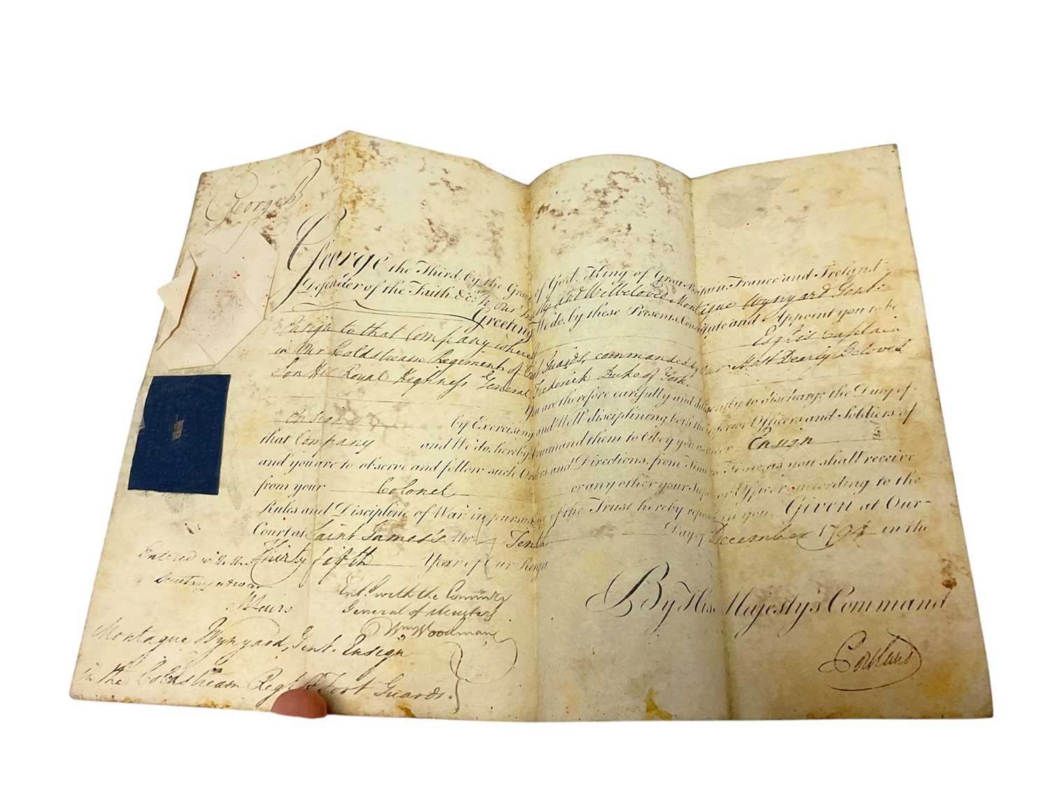 Lot 77 - H.M. King George III, signed Officer's Commission document appointing Montague Wynyard Gentleman an Ensign in the Coldstream Regiment of Foot Guards dated 10th December 1794