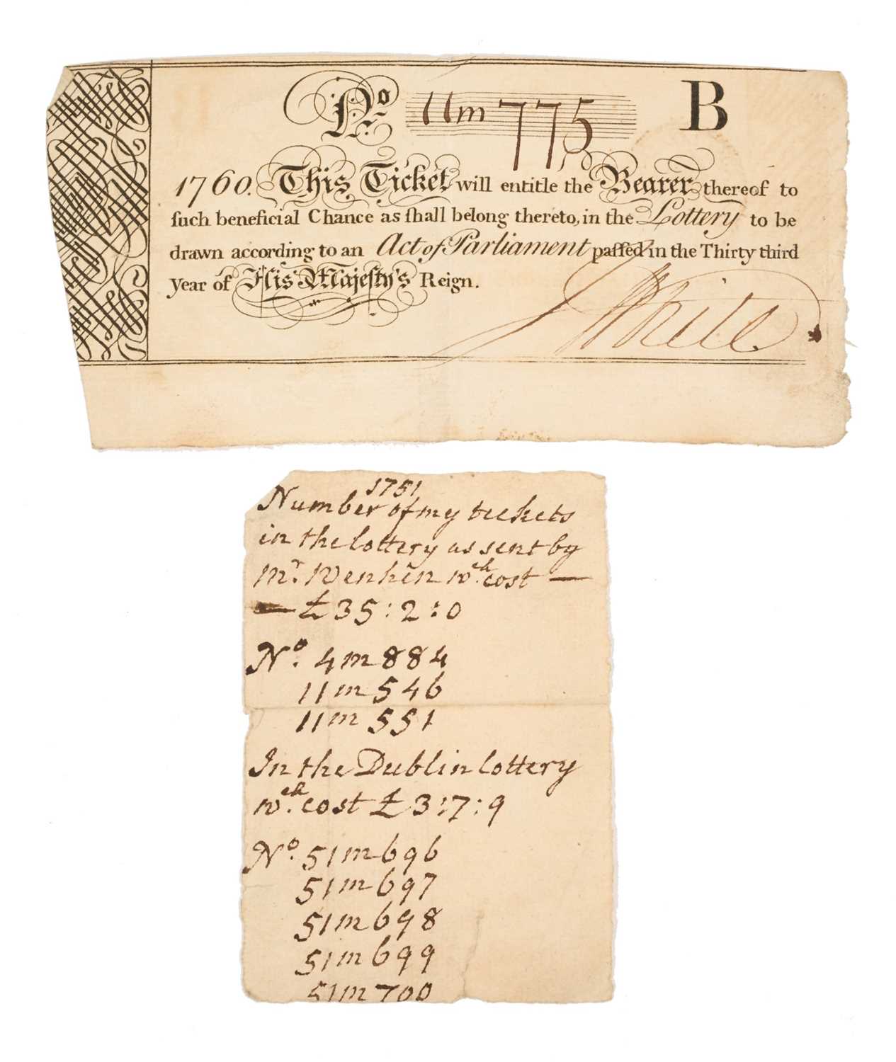 Lot 78 - Mrs Mary Wynyard, wife of Colonel John Wynyard, 17th Regiment of Foot, a fascinating group of Mid to late 18th century correspondence including a rare 1760 Lottery ticket, and a handwritten not...