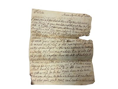 Lot 78 - Mrs Mary Wynyard, wife of Colonel John Wynyard, 17th Regiment of Foot, a fascinating group of Mid to late 18th century correspondence including a rare 1760 Lottery ticket, and a handwritten not...