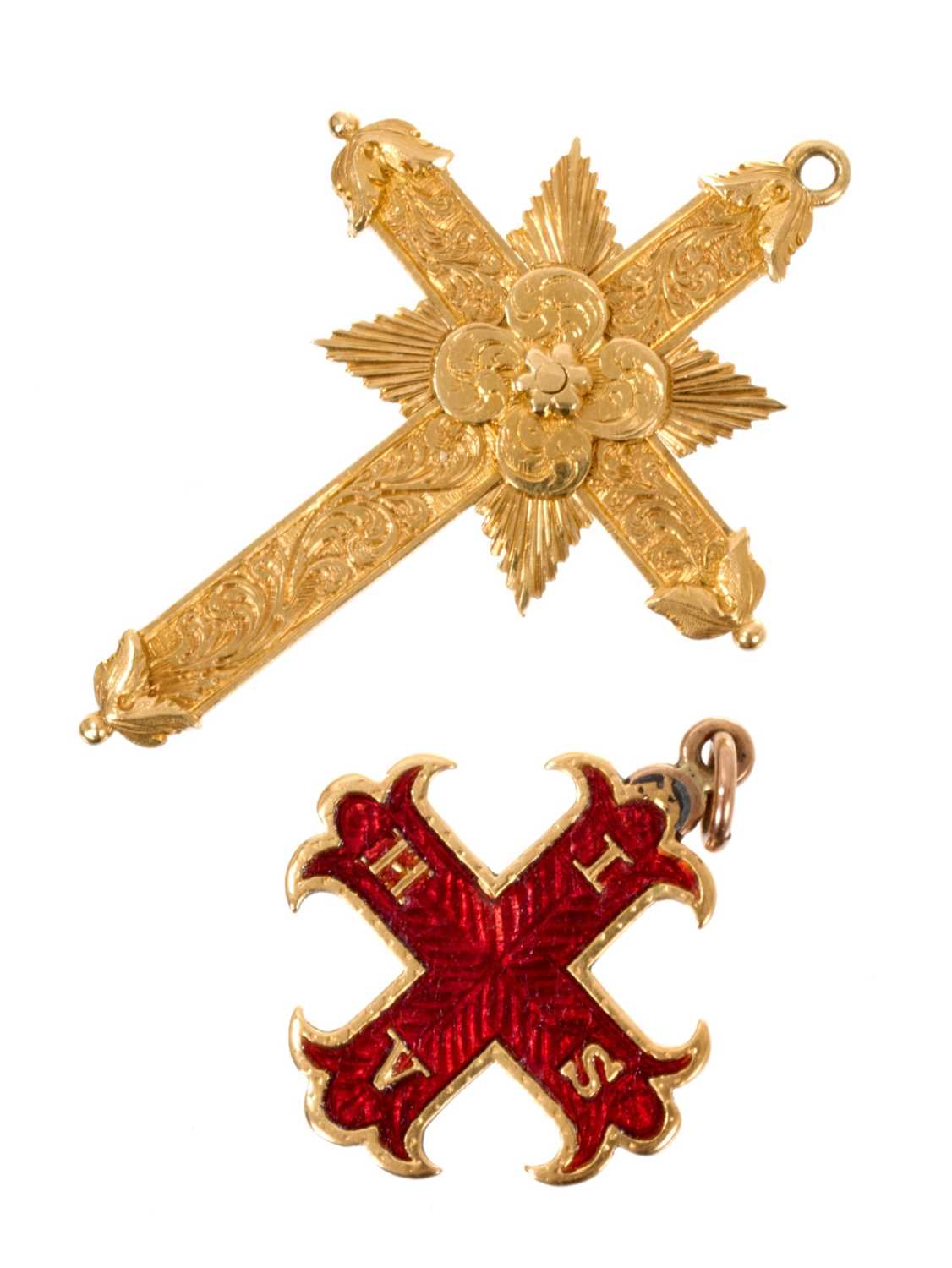 Lot 463 - Victorian yellow metal cross pendant with engraved scroll decoration in fitted case, together with a gold and red enamel cross pendant