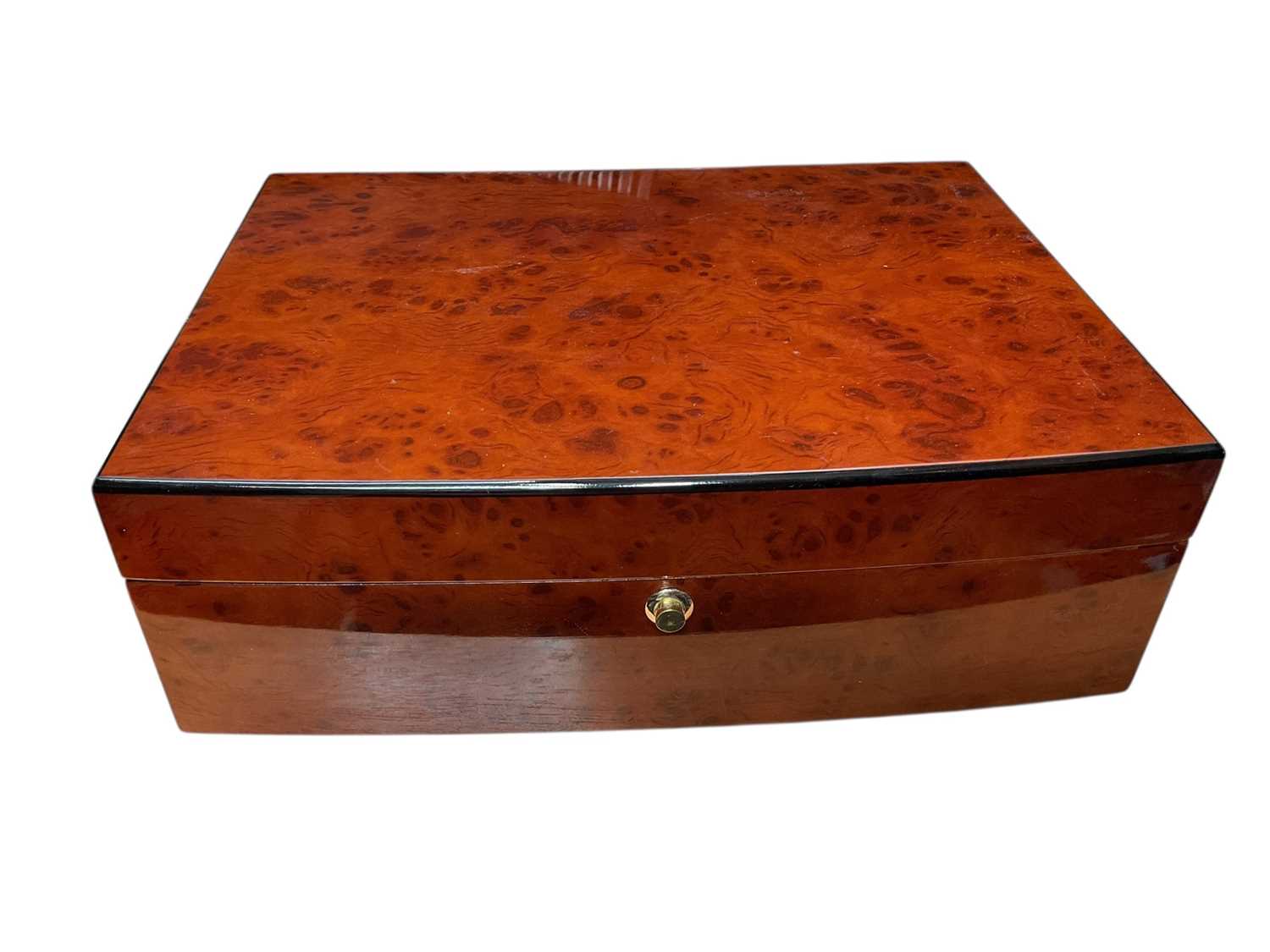 Lot 68 - Modern burr walnut finished jewellery box with fitted interior, 33cm x 25cm x 11cm