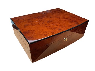 Lot 68 - Modern burr walnut finished jewellery box with fitted interior, 33cm x 25cm x 11cm