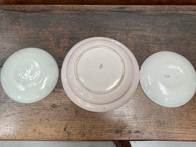 Lot 5 - Trio of 18th century Dutch delftware plates, polychrome painted in the Chinese style with parrots, the smaller two measuring 22cm and 22.5cm diameter, the larger measuring 30.5cm