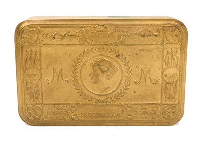 Lot 49 - First World War Princess Mary Gift Tin with original tobacco packet, Christmas card and photograph of Princess Mary. Together with pieces of shrapnel with annotation "HSB, bits of shell which bu...