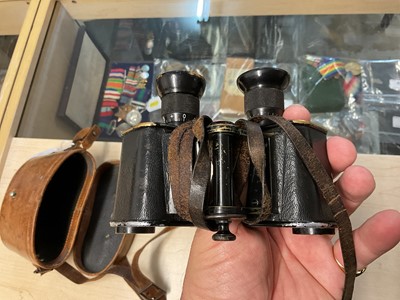 Lot 50 - Pair of First World War Officer's private purchase binoculars in black painted finish, engraved Carl Zeiss Zena D.R.P., in brown leather case. Provenance: formerly the property of Brigadi...