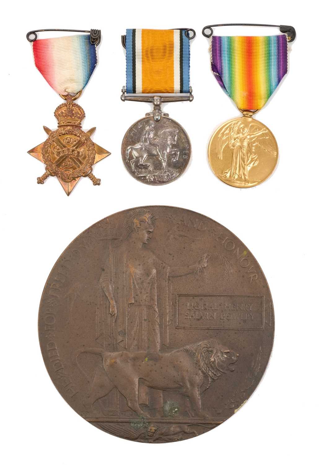 Lot 55 - First World War Memorial (Death) plaque named to Lional Henry Salvin Bowlby, together with trio comprising 1914 'Mons' Star, named to Lieut. L. H. S. Bowlby. 2/DNS., War and Victory medals named...