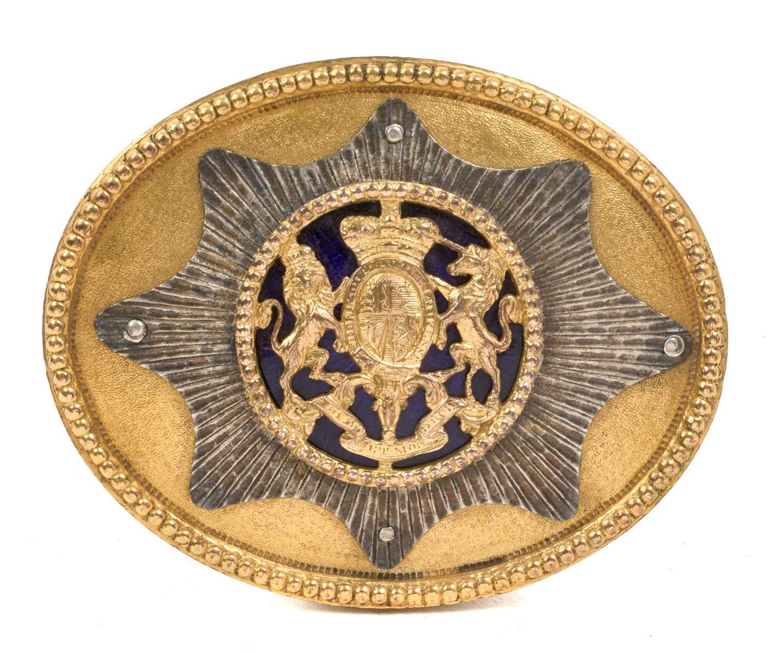 Lot 41 - Fine Georgian Officer's Cross Belt plate with central Royal Arms on enamel ground within eight pointed star on oval backing, with original leather liner, 8cm x 6.4cm