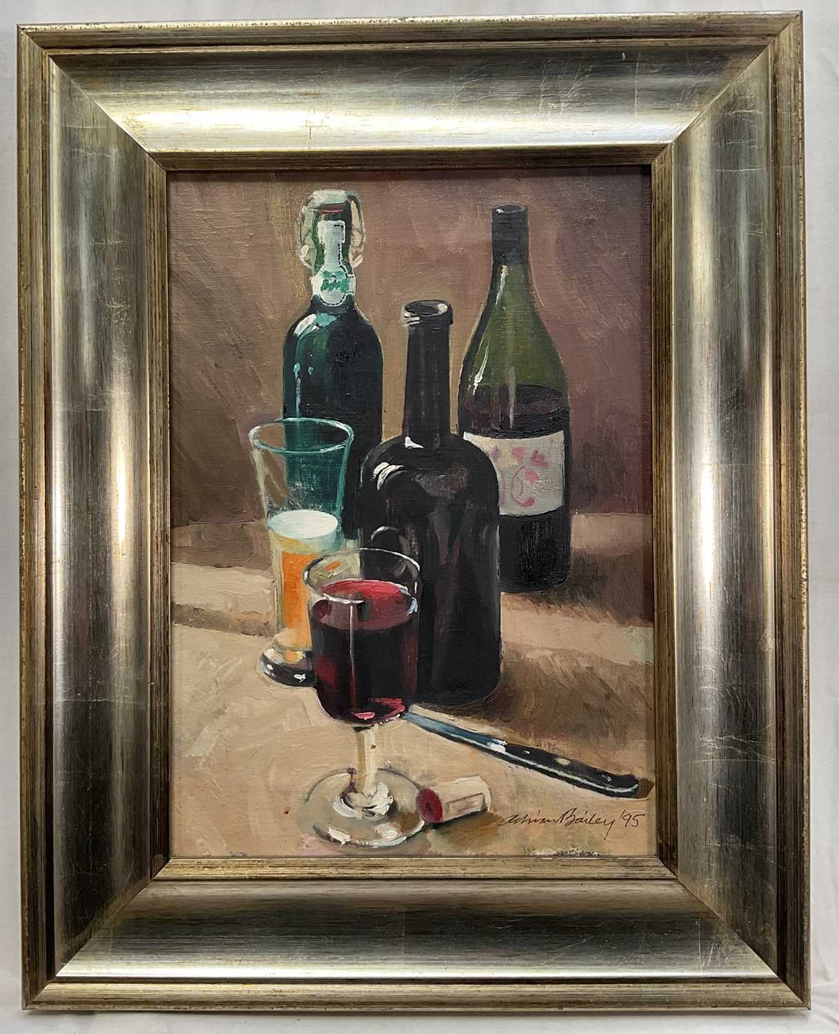 Lot 246 - Adrian Bailey - oil on canvas in gilt frame 'Still life of wine and beer'