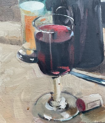 Lot 246 - Adrian Bailey - oil on canvas in gilt frame 'Still life of wine and beer'