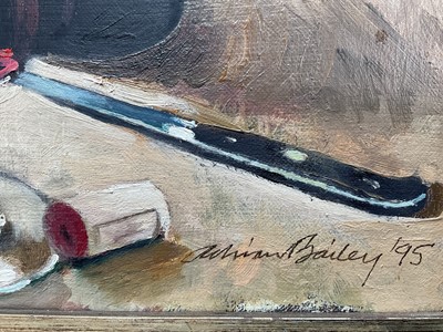 Lot 246 - Adrian Bailey - oil on canvas in gilt frame 'Still life of wine and beer'