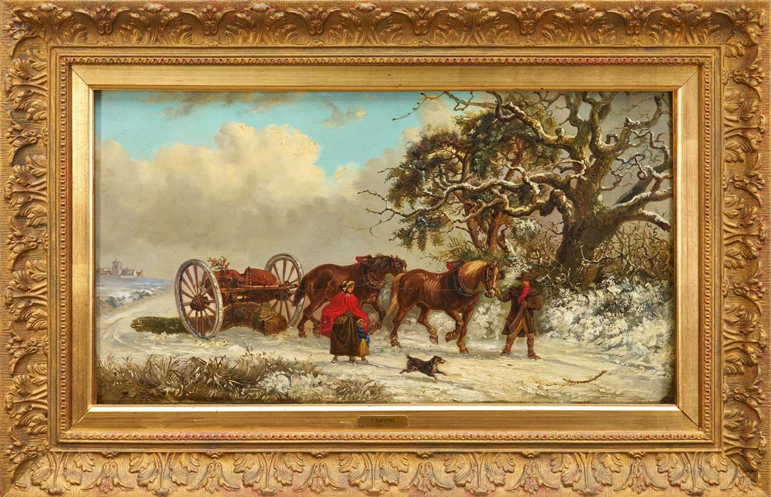 Lot 1329 - Thomas Smythe (1825-1906) oil on panel - The Timber Drag in Snow Covered Landscape, 29.5cm x 54.5cm, in gilt frame. Provenance: Bonhams 6th December 2011, Reydon Hall, lot 276.