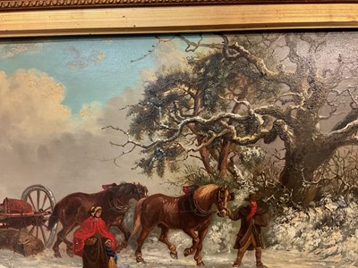 Lot 1329 - Thomas Smythe (1825-1906) oil on panel - The Timber Drag in Snow Covered Landscape, 29.5cm x 54.5cm, in gilt frame. Provenance: Bonhams 6th December 2011, Reydon Hall, lot 276.