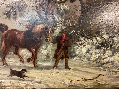 Lot 1329 - Thomas Smythe (1825-1906) oil on panel - The Timber Drag in Snow Covered Landscape, 29.5cm x 54.5cm, in gilt frame. Provenance: Bonhams 6th December 2011, Reydon Hall, lot 276.