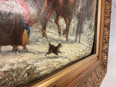 Lot 1329 - Thomas Smythe (1825-1906) oil on panel - The Timber Drag in Snow Covered Landscape, 29.5cm x 54.5cm, in gilt frame. Provenance: Bonhams 6th December 2011, Reydon Hall, lot 276.