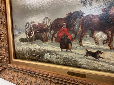 Lot 1329 - Thomas Smythe (1825-1906) oil on panel - The Timber Drag in Snow Covered Landscape, 29.5cm x 54.5cm, in gilt frame. Provenance: Bonhams 6th December 2011, Reydon Hall, lot 276.