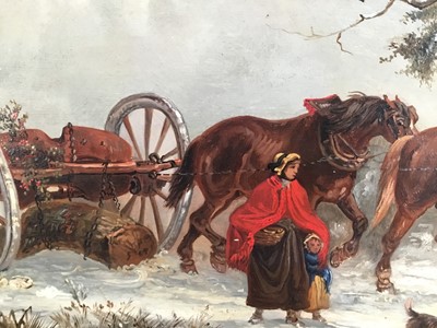 Lot 1329 - Thomas Smythe (1825-1906) oil on panel - The Timber Drag in Snow Covered Landscape, 29.5cm x 54.5cm, in gilt frame. Provenance: Bonhams 6th December 2011, Reydon Hall, lot 276.