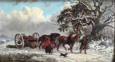 Lot 1329 - Thomas Smythe (1825-1906) oil on panel - The Timber Drag in Snow Covered Landscape, 29.5cm x 54.5cm, in gilt frame. Provenance: Bonhams 6th December 2011, Reydon Hall, lot 276.
