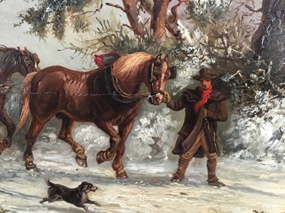 Lot 1329 - Thomas Smythe (1825-1906) oil on panel - The Timber Drag in Snow Covered Landscape, 29.5cm x 54.5cm, in gilt frame. Provenance: Bonhams 6th December 2011, Reydon Hall, lot 276.