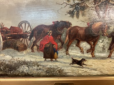 Lot 1329 - Thomas Smythe (1825-1906) oil on panel - The Timber Drag in Snow Covered Landscape, 29.5cm x 54.5cm, in gilt frame. Provenance: Bonhams 6th December 2011, Reydon Hall, lot 276.