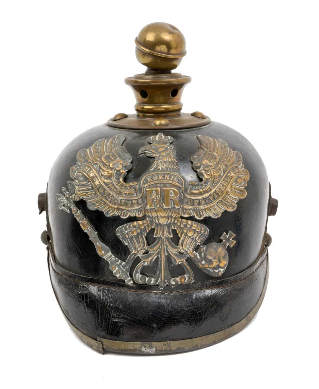 Lot 108 - First World War Imperial German Prussian Artillery Other Rank Picklehaube helmet, with a Prussian eagle plate to front and black leather headband.