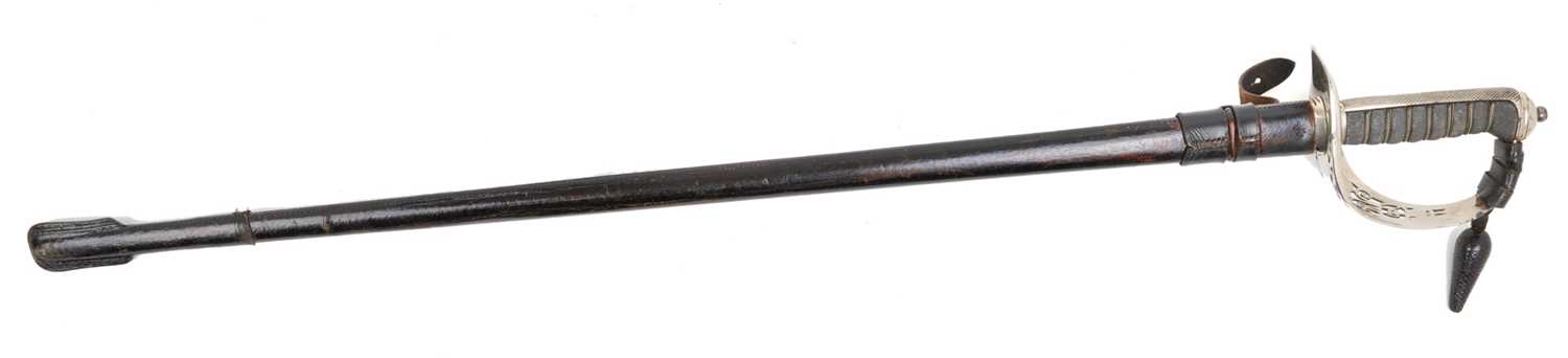 Lot 62 - First World War 1897 Pattern Infantry Officer's sword with nickel plated guard and leather dress knot, wire bound shagreen grip, straight fullered blade etched