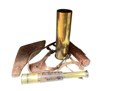 Lot 668 - First World War Officers brown leather service revolver holster by Asprey, dated 1914, brass Trench Art vase and brass spotting scope.