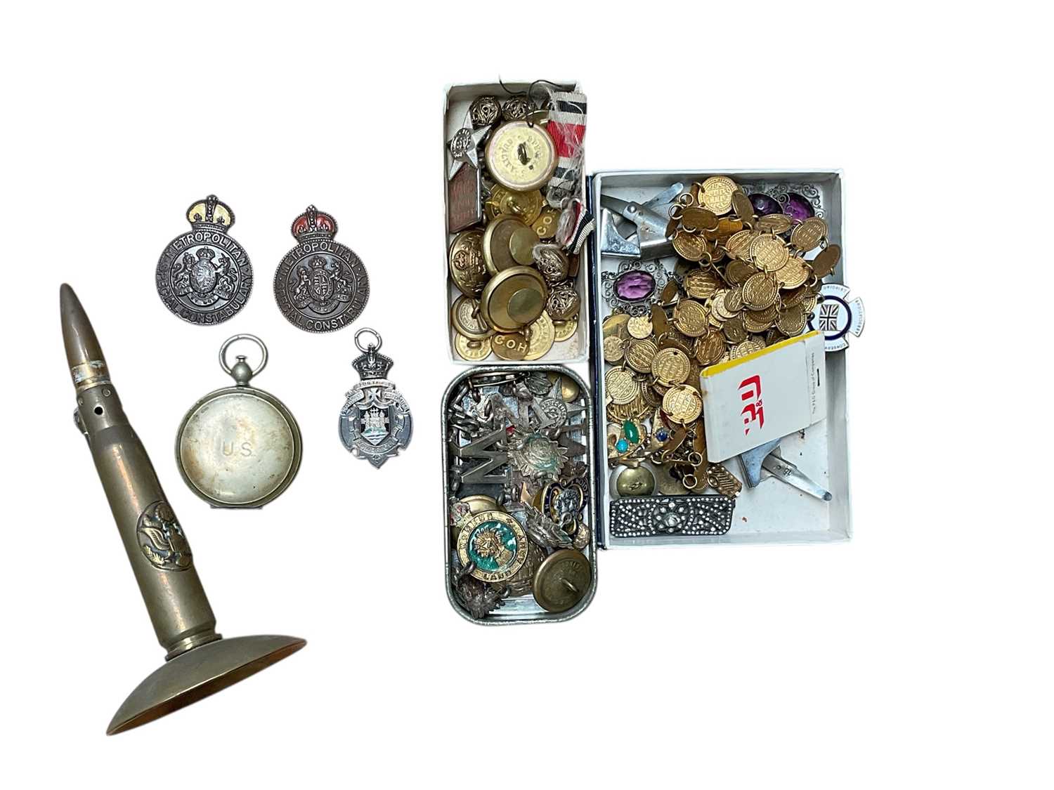 Lot 667 - American Military pocket compass, together with brass Trench Art lighter, Police badges, buttons, bijouterie and sundries.