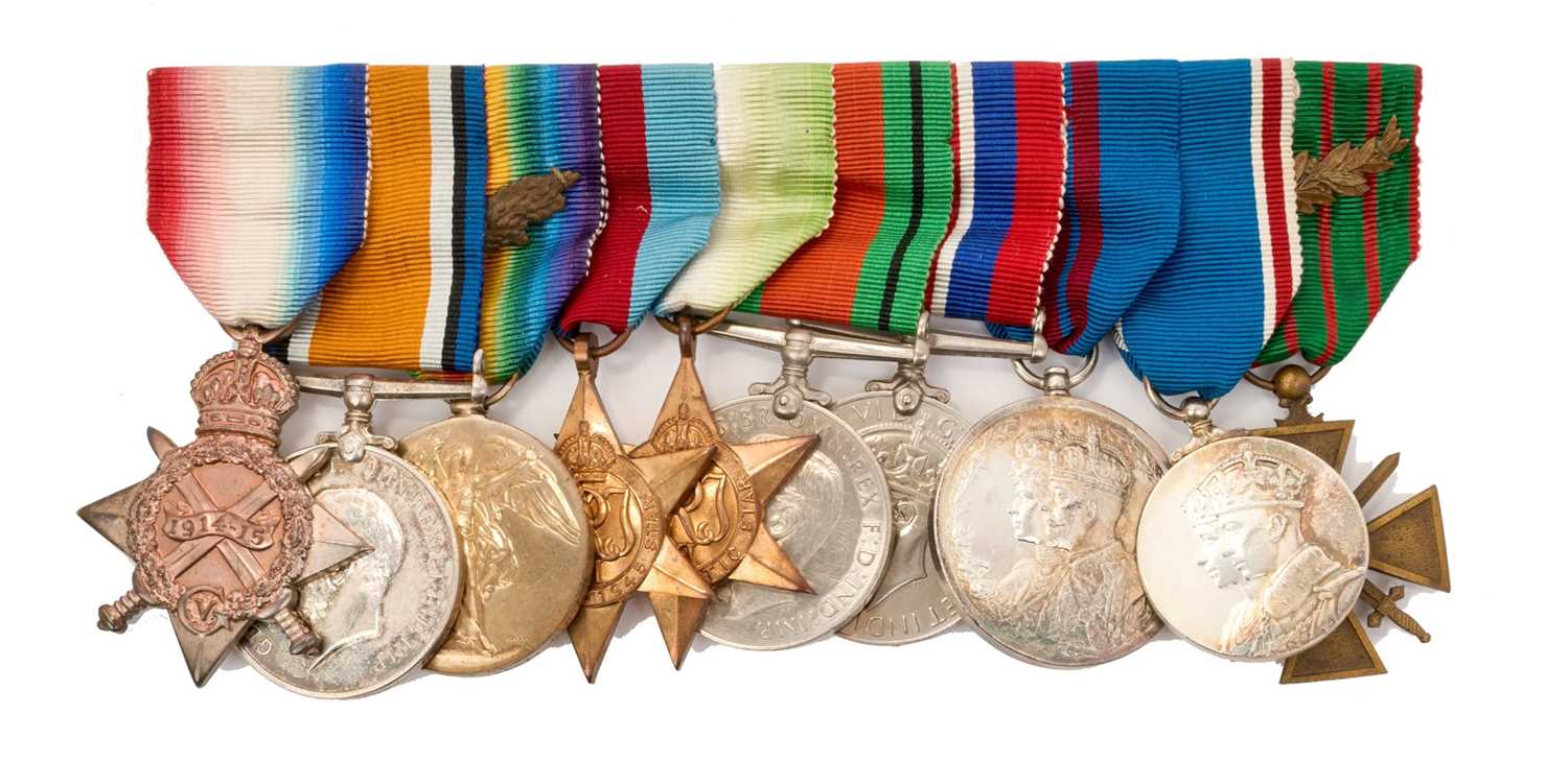 Lot 54 - Fine First World War and later naval medal group comprising 1914 - 15 Star, Lieut. H. S. Bowlby R.N. War, Victory medal with Mentioned in Despatches (M.I.D. Oak leaf)...