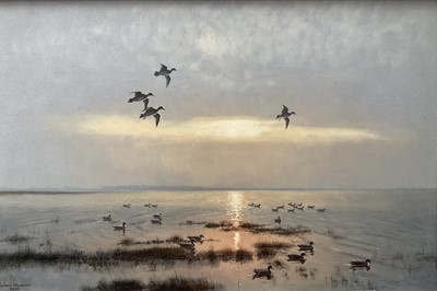Lot 1242 - Julian Novorol (b.1949) oil on canvas - Widgeon on the River at Dawn, signed and dated 2002, 51cm x 77cm, in gilt frame