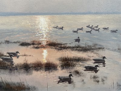 Lot 1242 - Julian Novorol (b.1949) oil on canvas - Widgeon on the River at Dawn, signed and dated 2002, 51cm x 77cm, in gilt frame