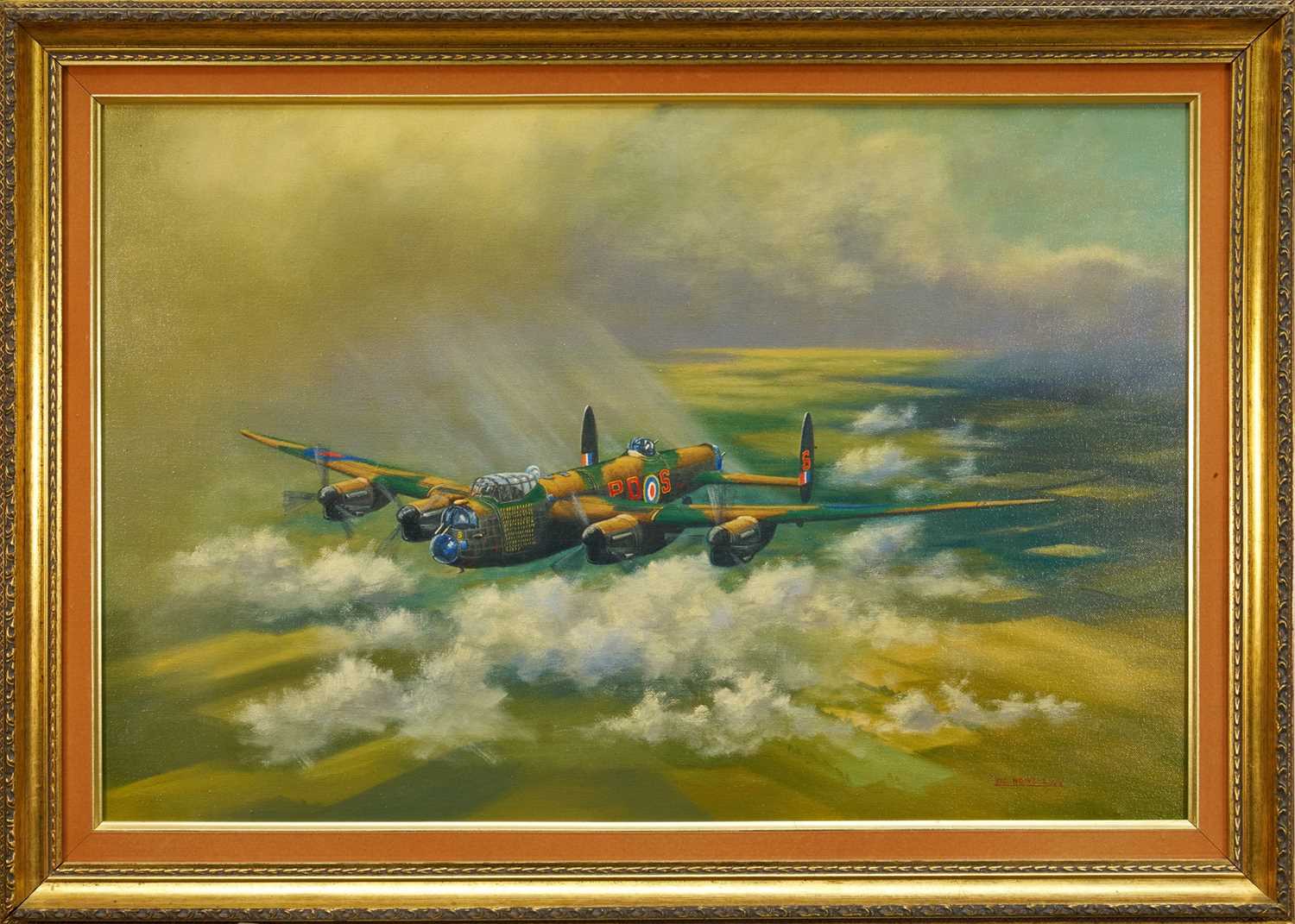 Lot 1246 - Vic Howell, contemporary, oil on canvas, Lancaster Bomber, signed and dated ‘83, 51cm x 76cm, in gilt frame