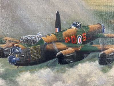 Lot 1246 - Vic Howell, contemporary, oil on canvas, Lancaster Bomber, signed and dated ‘83, 51cm x 76cm, in gilt frame