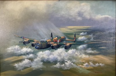 Lot 1246 - Vic Howell, contemporary, oil on canvas, Lancaster Bomber, signed and dated ‘83, 51cm x 76cm, in gilt frame