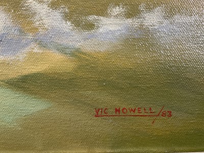 Lot 1246 - Vic Howell, contemporary, oil on canvas, Lancaster Bomber, signed and dated ‘83, 51cm x 76cm, in gilt frame