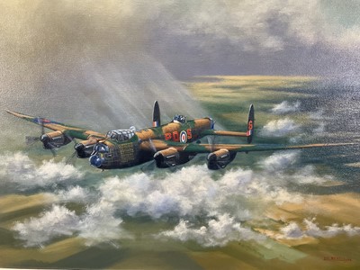 Lot 1246 - Vic Howell, contemporary, oil on canvas, Lancaster Bomber, signed and dated ‘83, 51cm x 76cm, in gilt frame