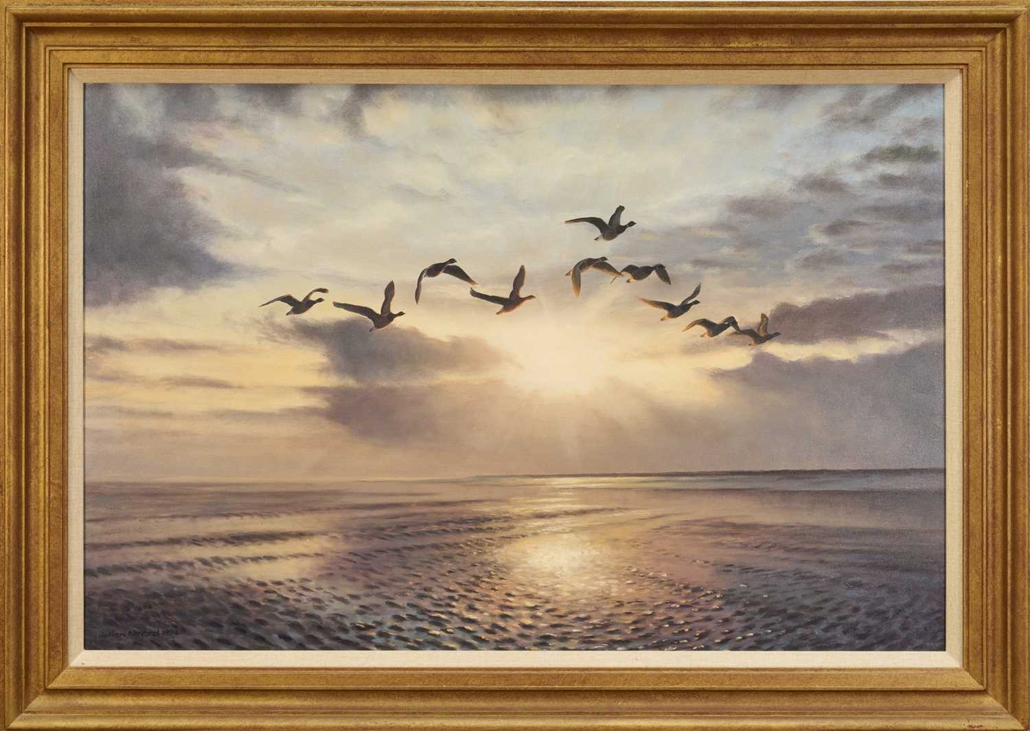 Lot 1237 - Julian Novorol (b.1949) oil on canvas - Brent Geese at Sunrise, signed and dated 1994, 51cm x 76cm, in gilt frame