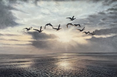 Lot 1237 - Julian Novorol (b.1949) oil on canvas - Brent Geese at Sunrise, signed and dated 1994, 51cm x 76cm, in gilt frame