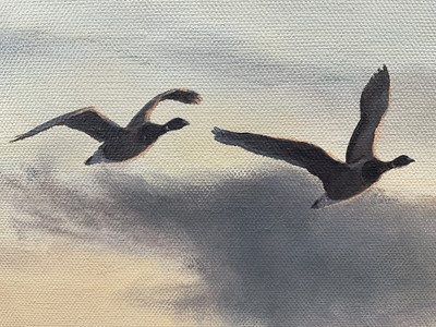 Lot 1237 - Julian Novorol (b.1949) oil on canvas - Brent Geese at Sunrise, signed and dated 1994, 51cm x 76cm, in gilt frame