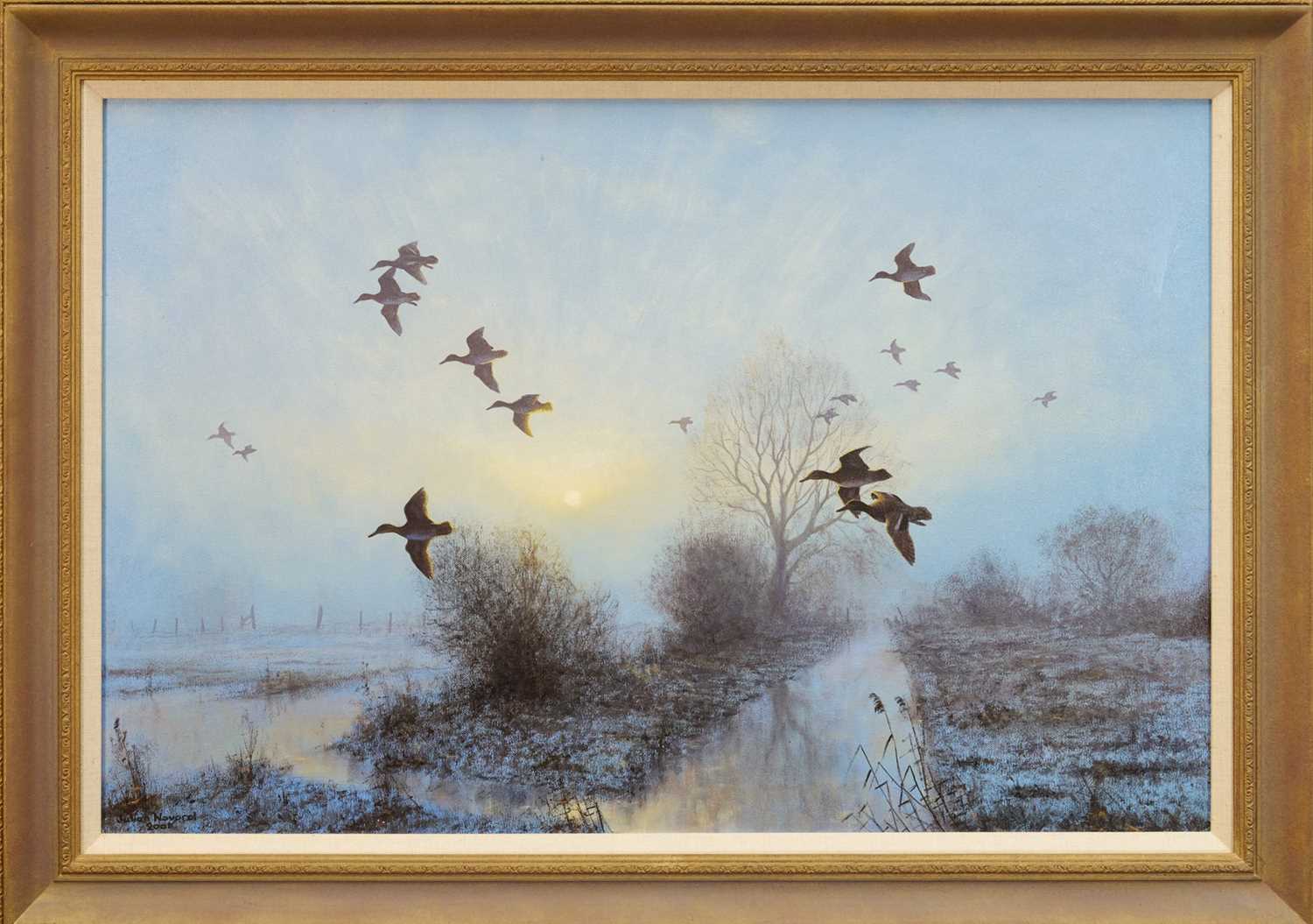Lot 1245 - Julian Novorol (b.1949) oil on canvas - Wigeon over the Ouse Washes, signed and dated 2001, 51cm x 76cm, in gilt frame