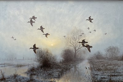 Lot 1245 - Julian Novorol (b.1949) oil on canvas - Wigeon over the Ouse Washes, signed and dated 2001, 51cm x 76cm, in gilt frame