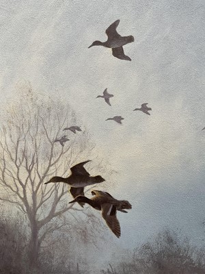 Lot 1245 - Julian Novorol (b.1949) oil on canvas - Wigeon over the Ouse Washes, signed and dated 2001, 51cm x 76cm, in gilt frame