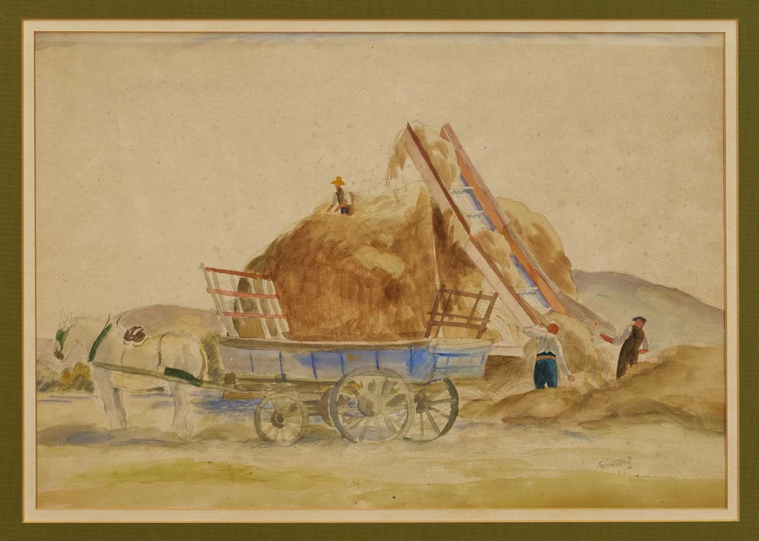Lot 1056 - *Reginald Brill (1902-1974) watercolour, Hay harvest 1931, signed and dated '31, 38 x 54cm, in glazed frame