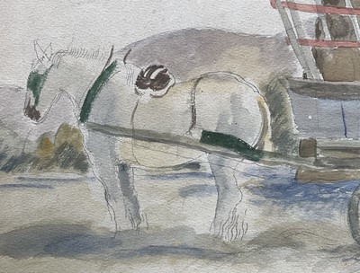 Lot 1056 - *Reginald Brill (1902-1974) watercolour, Hay harvest 1931, signed and dated '31, 38 x 54cm, in glazed frame